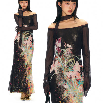 Gold Stamped Floral Mesh Mermaid Dress
