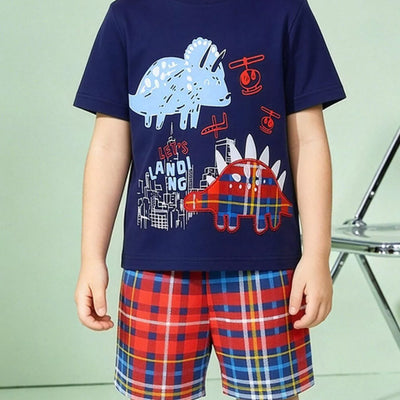 Children's Dinosaur Graphic Tee and Plaid Shorts Set