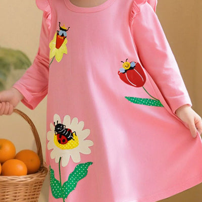 Children's Insect and Flower Appliques Long-Sleeve Dress