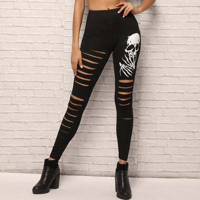 Womens Skull Pattern Ripped Leggings