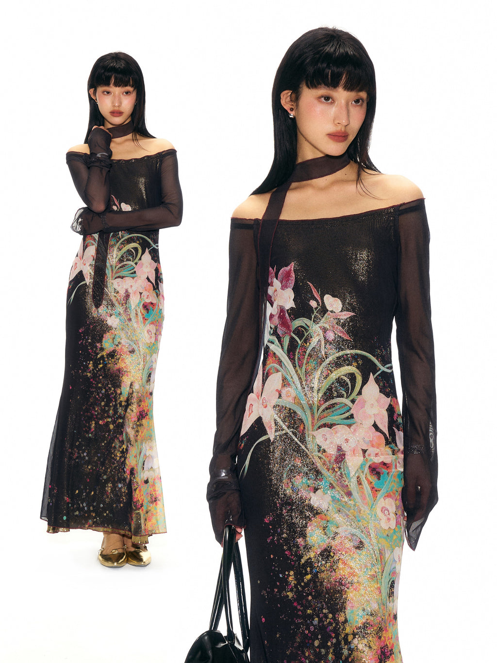 Gold Stamped Floral Mesh Mermaid Dress
