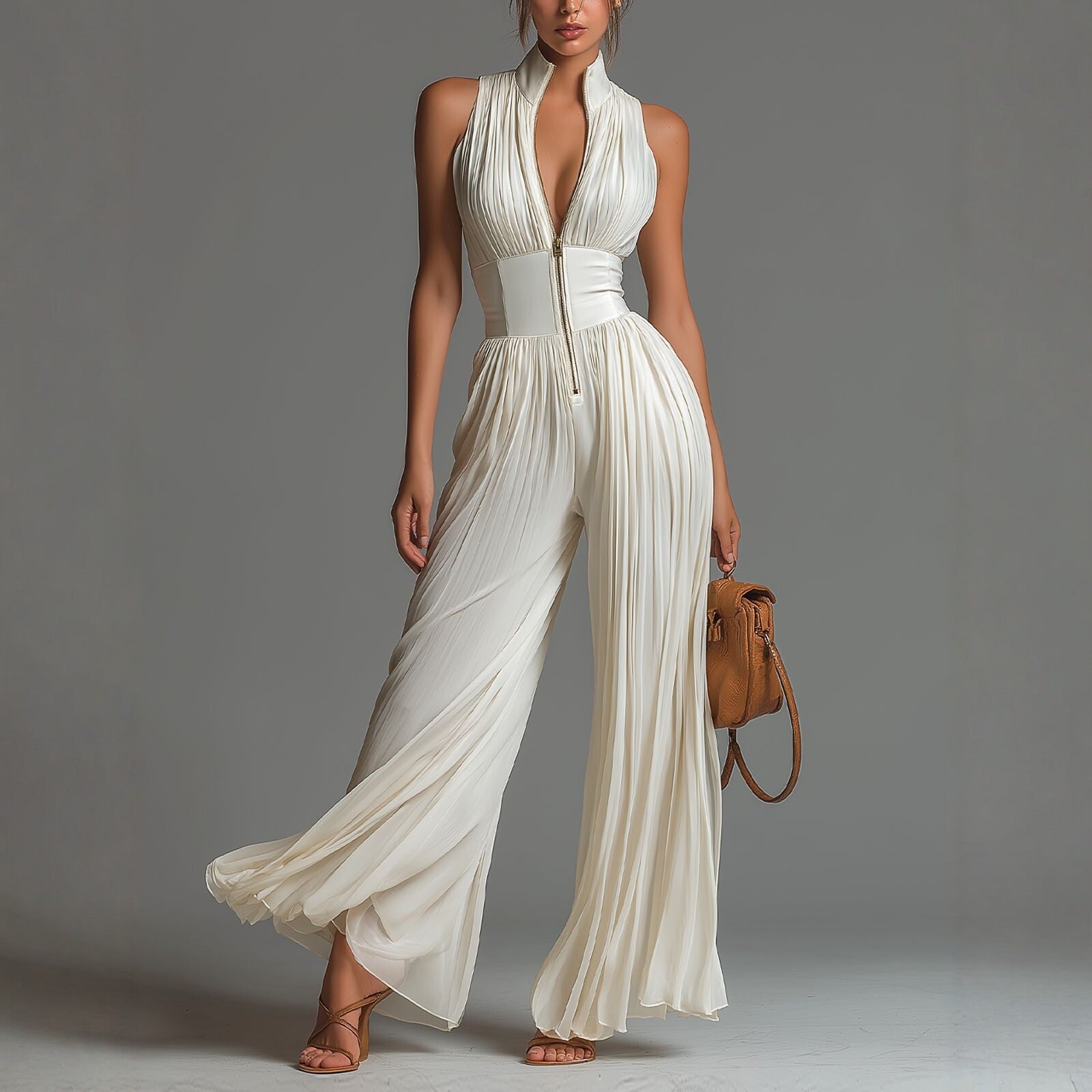 Women Sexy Pleated Halter Neck Wide Leg Jumpsuit