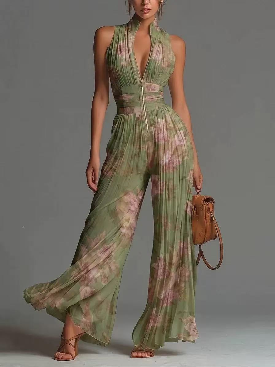 Women Sexy Pleated Halter Neck Wide Leg Jumpsuit