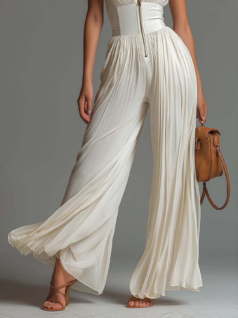 Women Sexy Pleated Halter Neck Wide Leg Jumpsuit