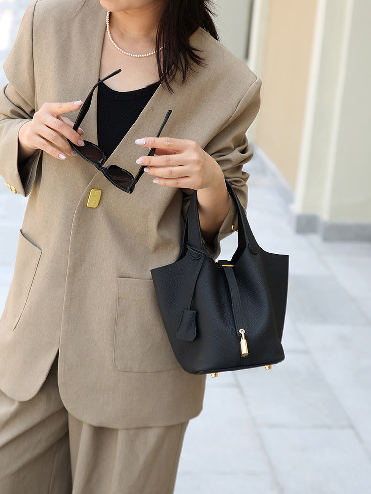 Genuine Leather Bucket Bag with Gold Silver Buckles