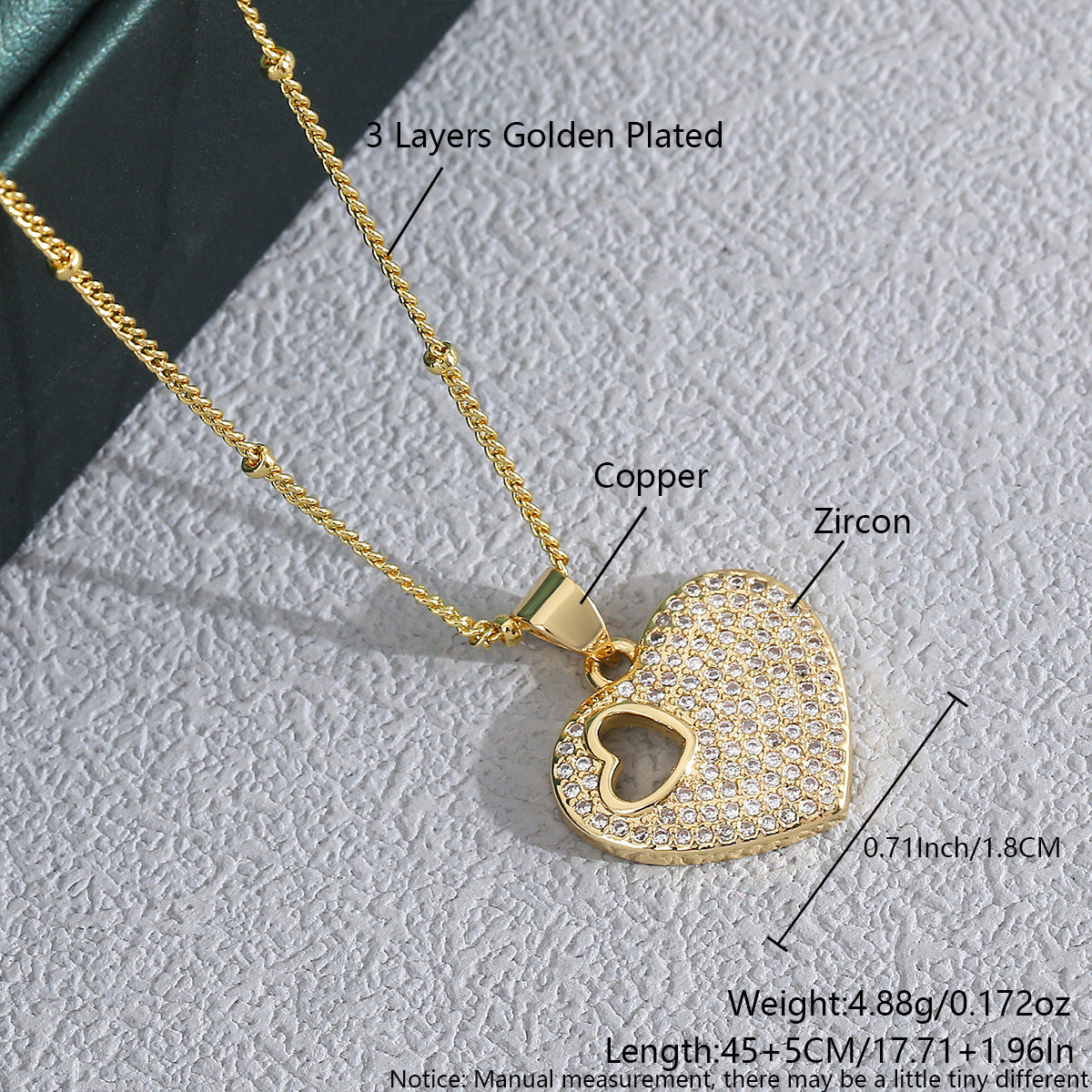 Heart Shaped Zircon Necklace Gold Plated Chain