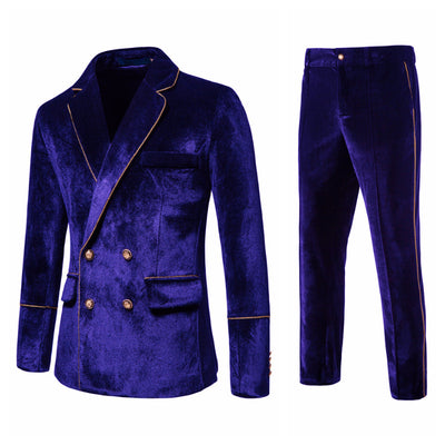 Velvet Gold Trim Double Breasted Suit Set