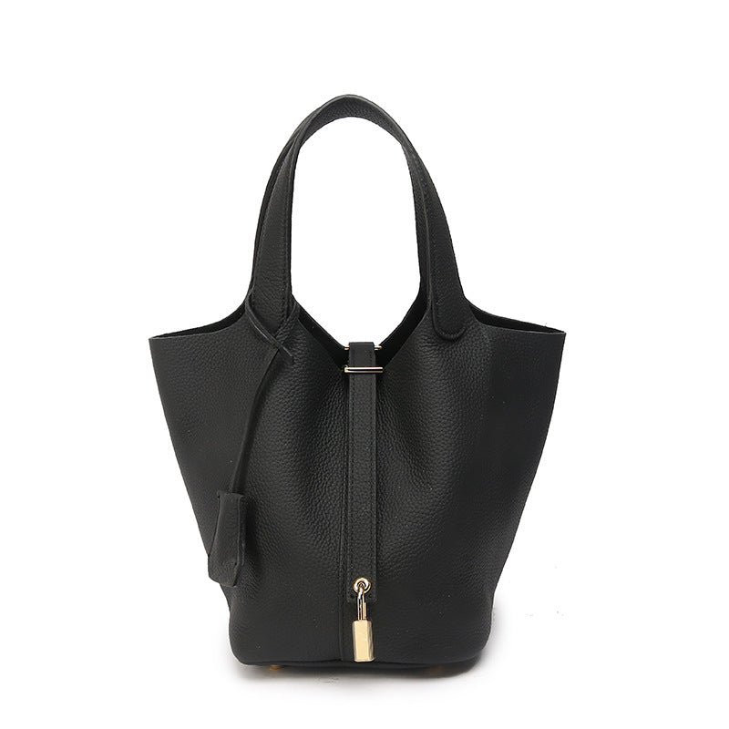 Genuine Leather Bucket Bag with Gold Silver Buckles