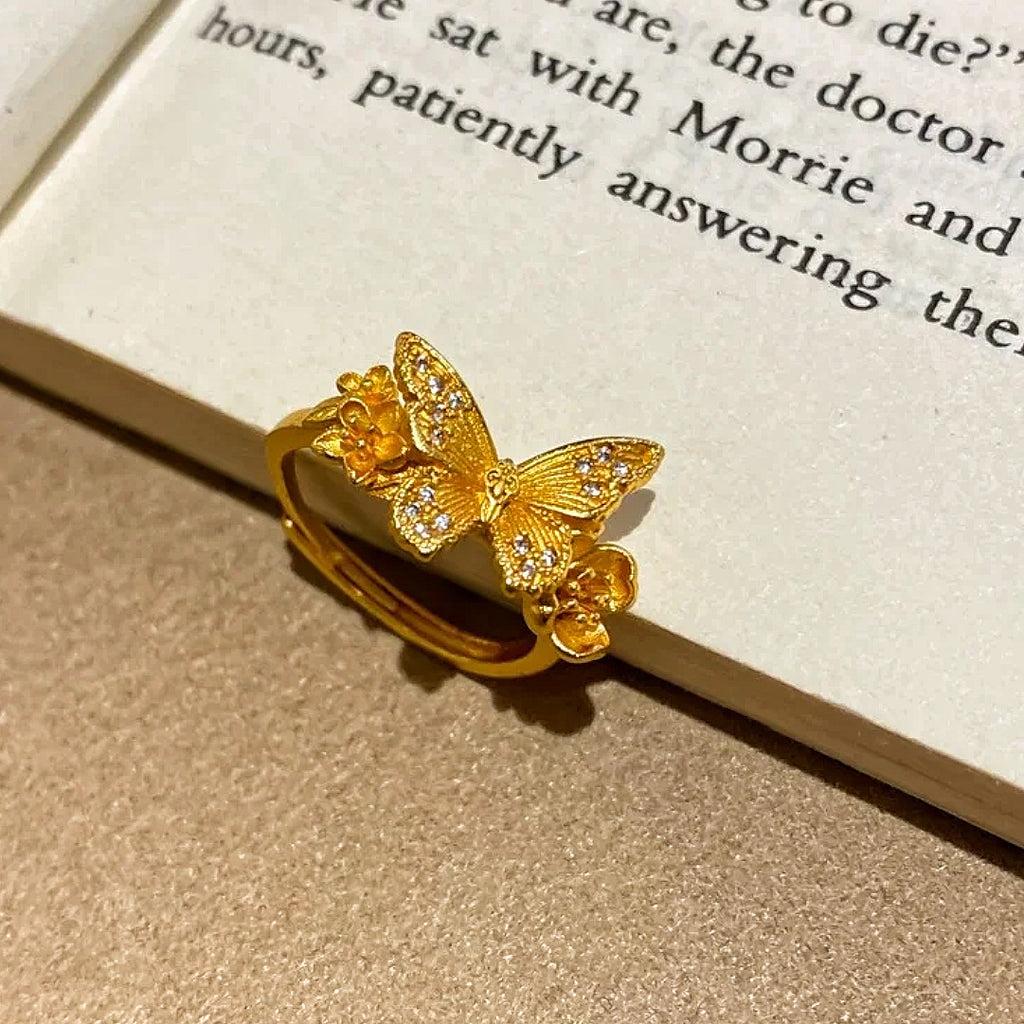Butterfly Flower Adjustable Gold Plated Ring