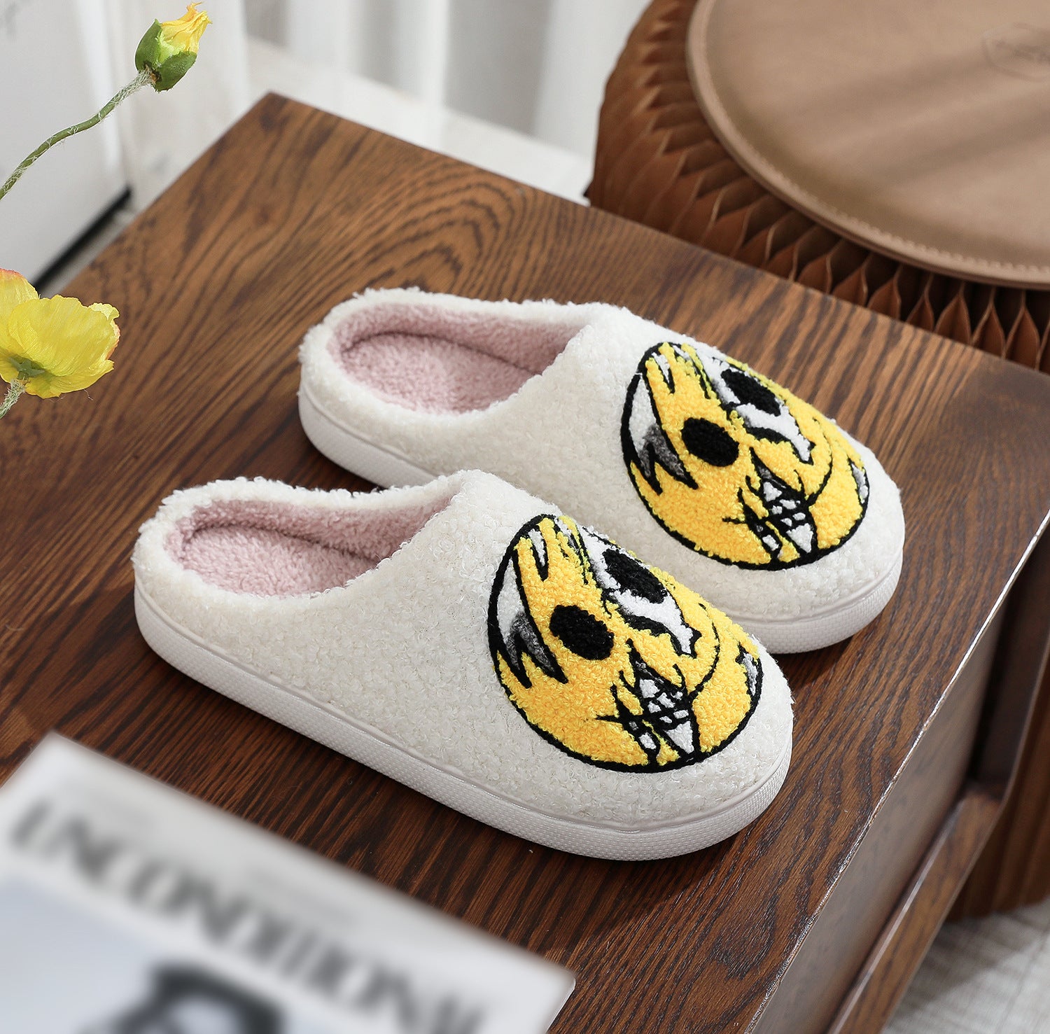 Halloween Baumwollhausschuhe für Herren Damen Winter Warme Totenkopf Geist Kürbis Indoor Hausschuhe