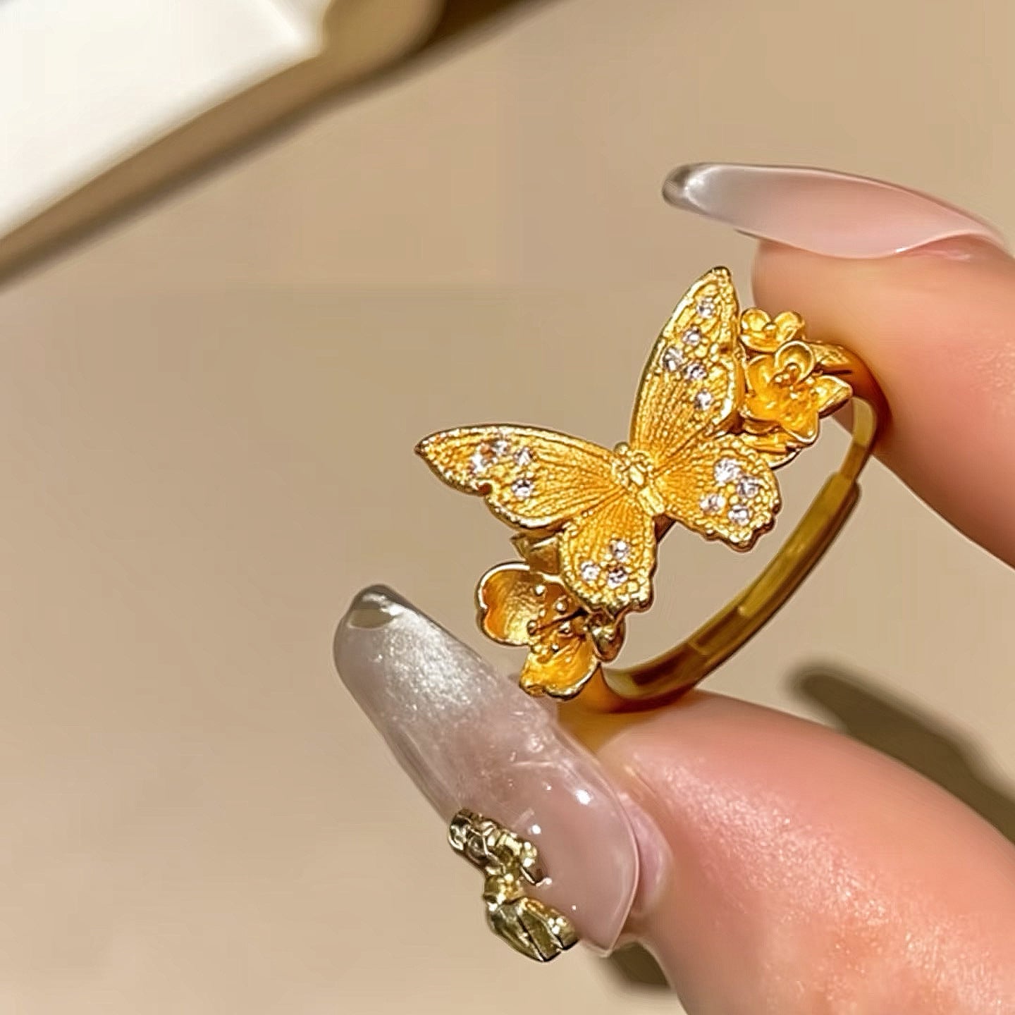 Butterfly Flower Adjustable Gold Plated Ring