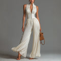 Women Sexy Pleated Halter Neck Wide Leg Jumpsuit