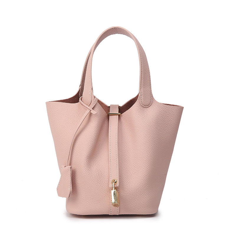 Genuine Leather Bucket Bag with Gold Silver Buckles