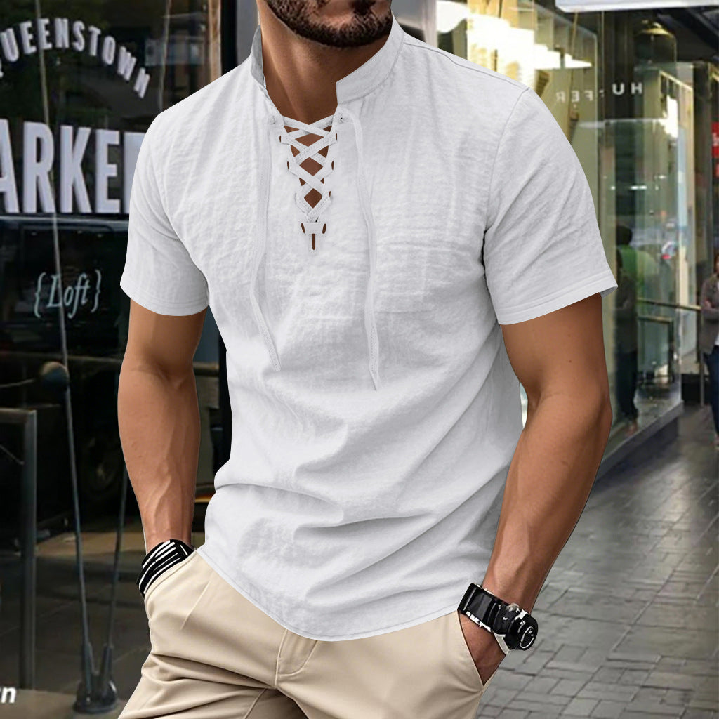 Mens Casual Linen Stand Collar Short Sleeve Shirt