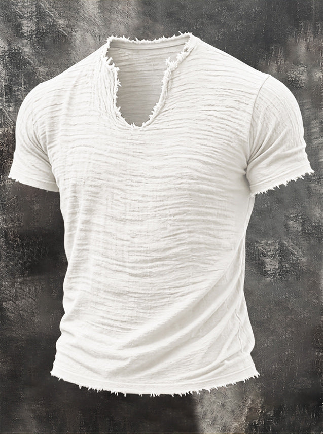 T-shirt rétro en coton et lin pour homme avec col en V