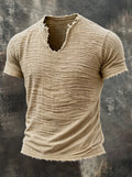 T-shirt rétro en coton et lin pour homme avec col en V