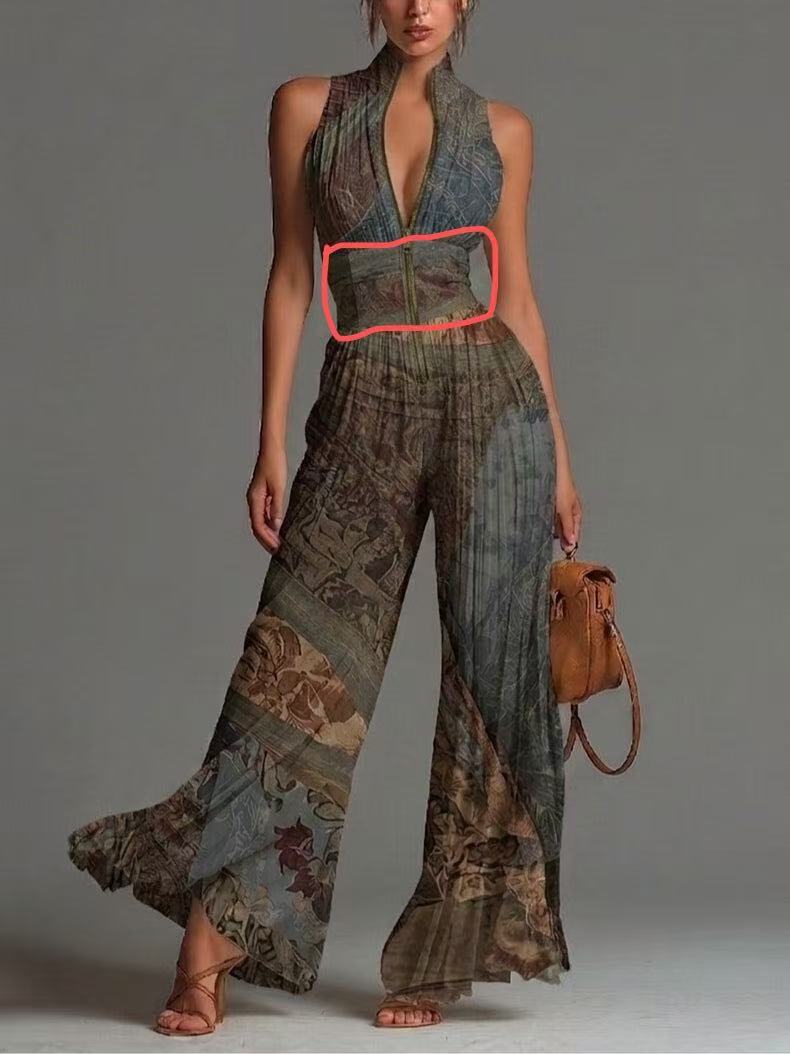Women Sexy Pleated Halter Neck Wide Leg Jumpsuit