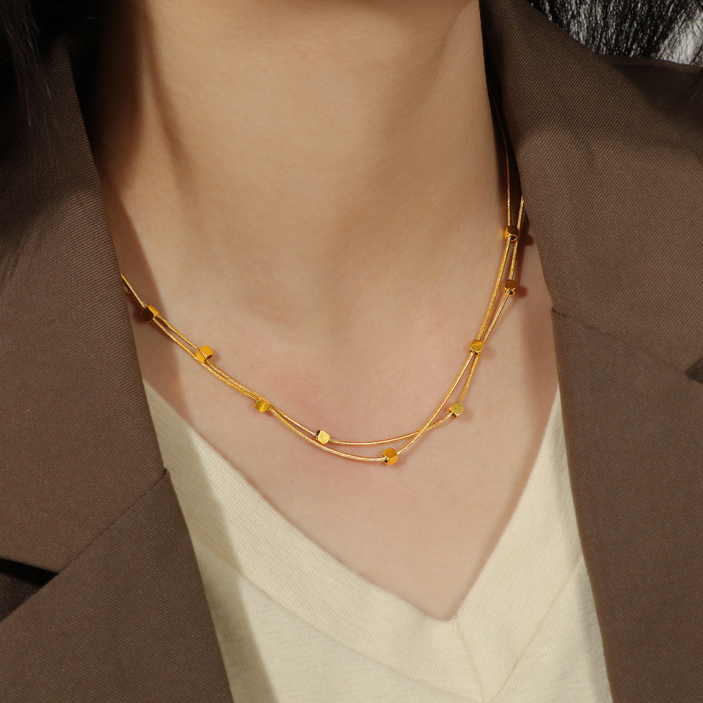 Double Layer Gold Square Titanium Steel Necklace for Women