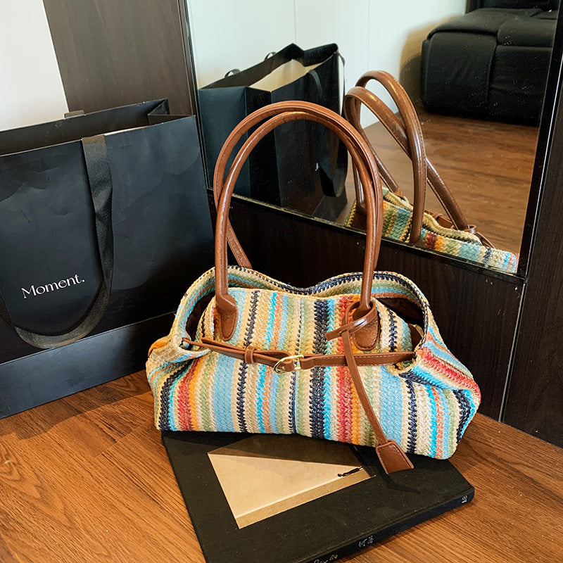 Rainbow Woven Tote Bag for Women