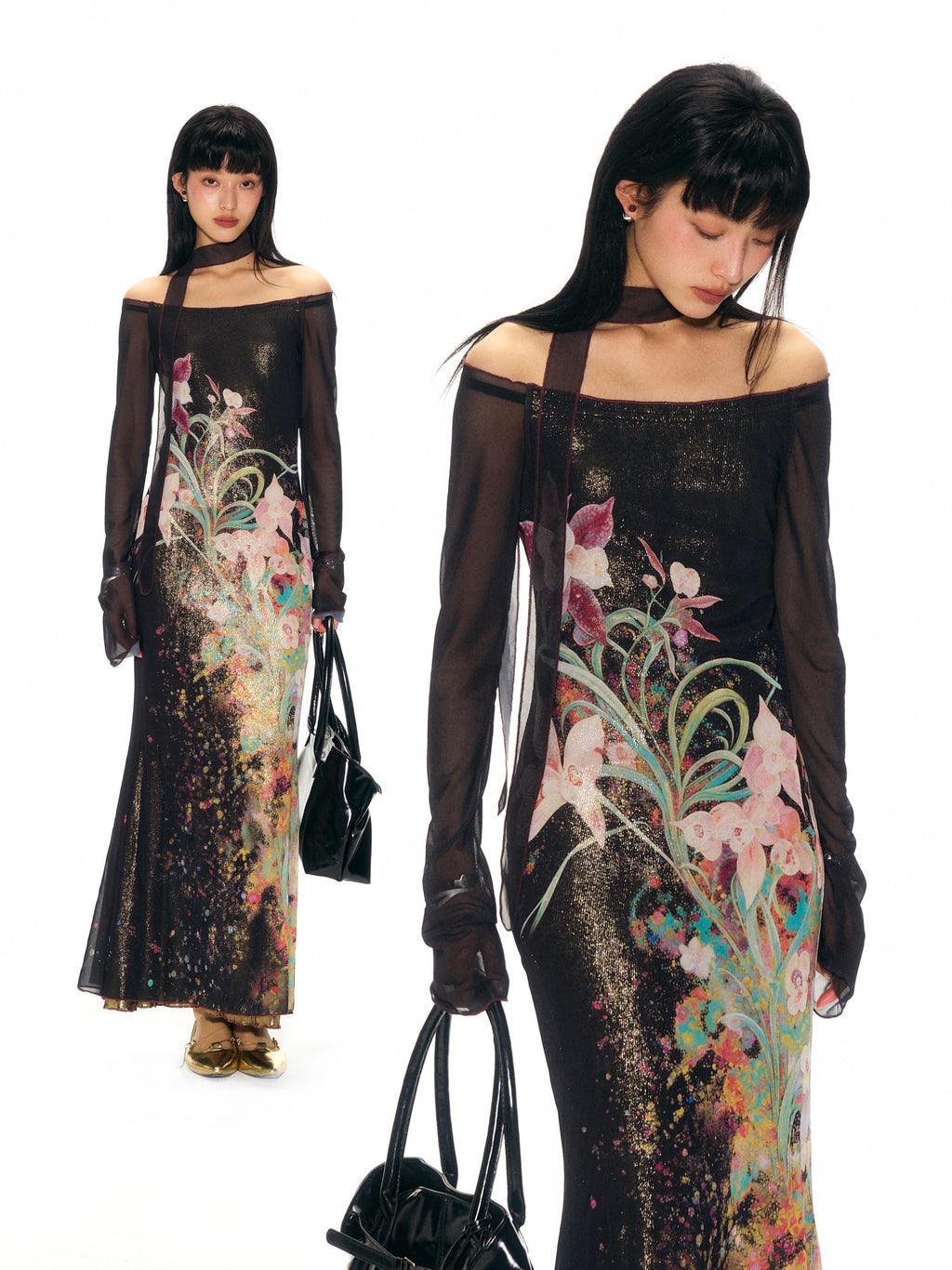 Gold Stamped Floral Mesh Mermaid Dress