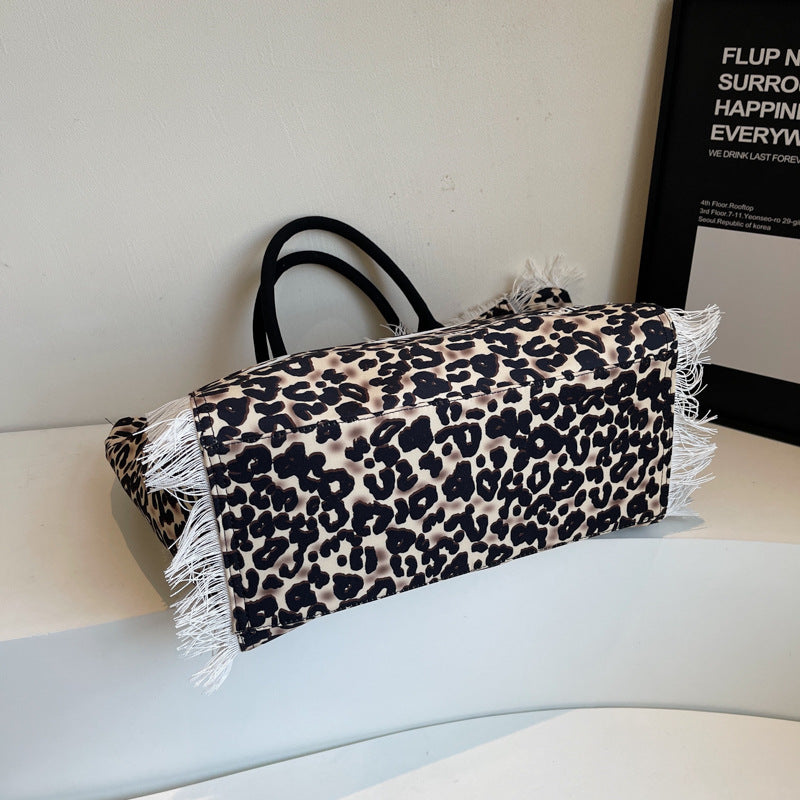 Women's Leopard Print Canvas Tote Bag with Tassel