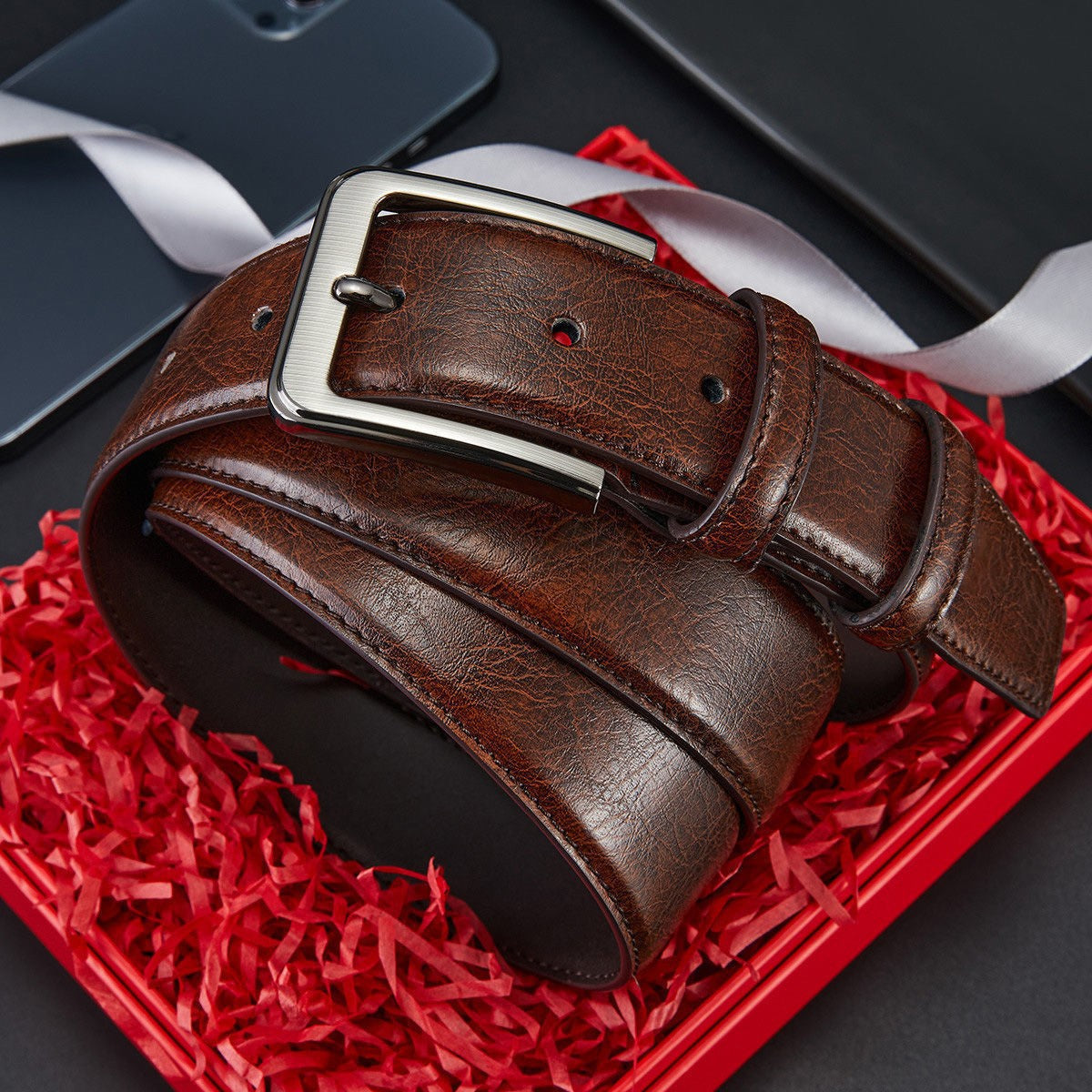 Mens Genuine Leather Pin Buckle Belt