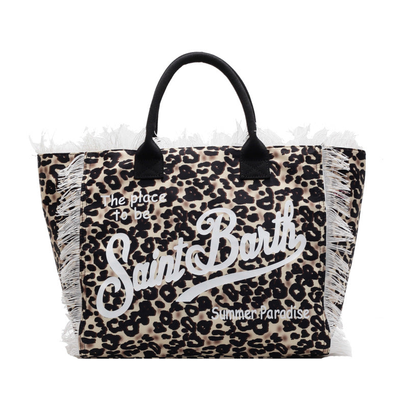 Women's Leopard Print Canvas Tote Bag with Tassel