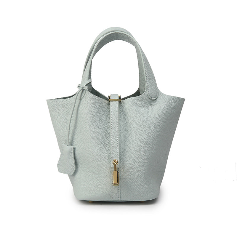 Genuine Leather Bucket Bag with Gold Silver Buckles