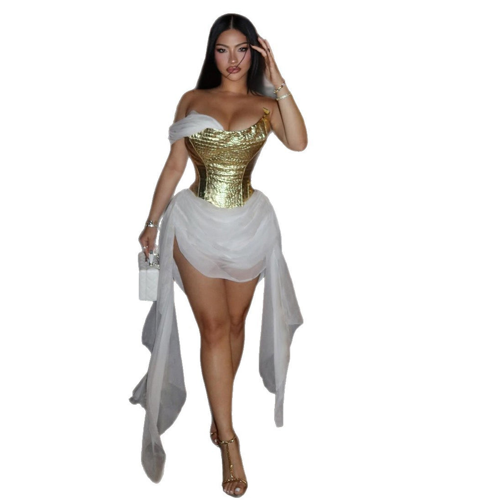 Ärmelloses Kleid mit goldenen Netzeinsätzen