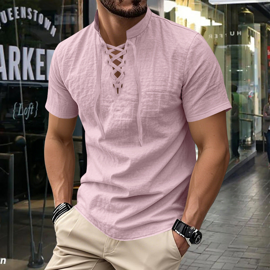 Mens Casual Linen Stand Collar Short Sleeve Shirt