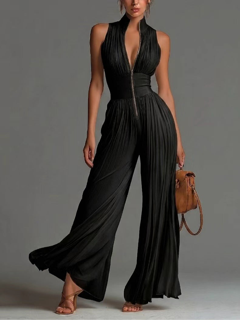 Women Sexy Pleated Halter Neck Wide Leg Jumpsuit