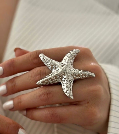 Gold Plated Open Rings with Seashell and Starfish Design