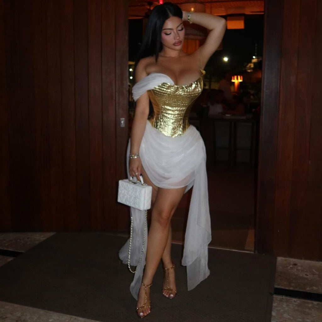 Ärmelloses Kleid mit goldenen Netzeinsätzen