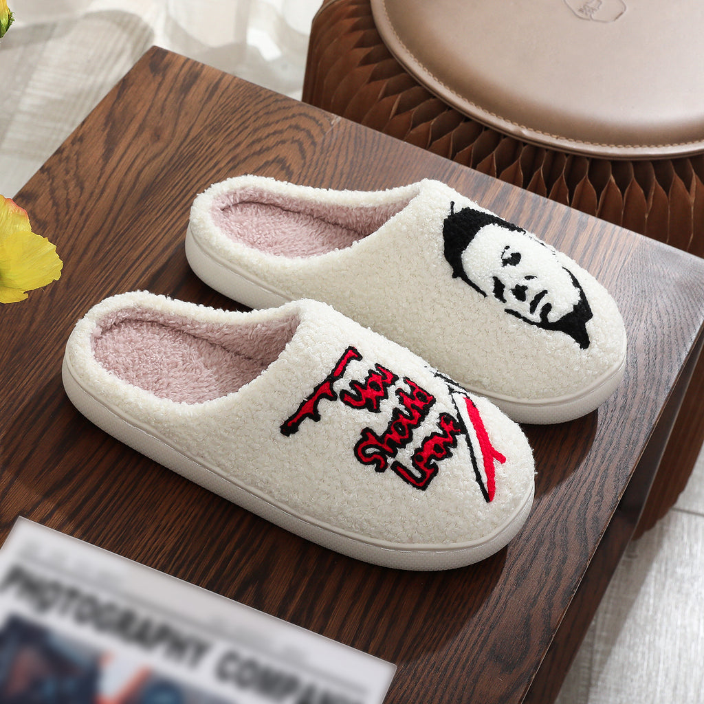 Halloween Cotton Slippers for Men Women Winter Warm Skull Ghost Pumpkin Indoor Home Slippers