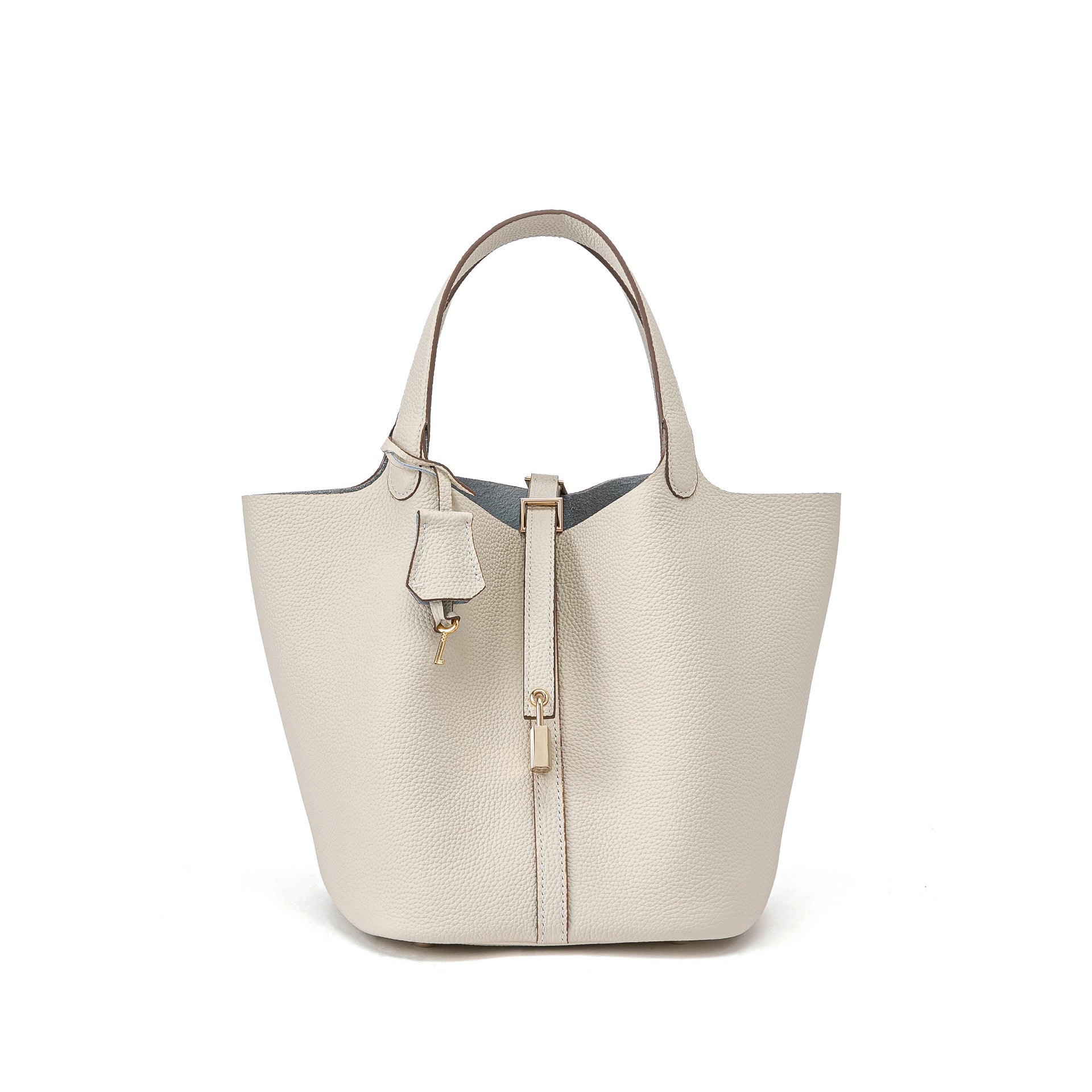 Genuine Leather Bucket Bag with Gold Silver Buckles