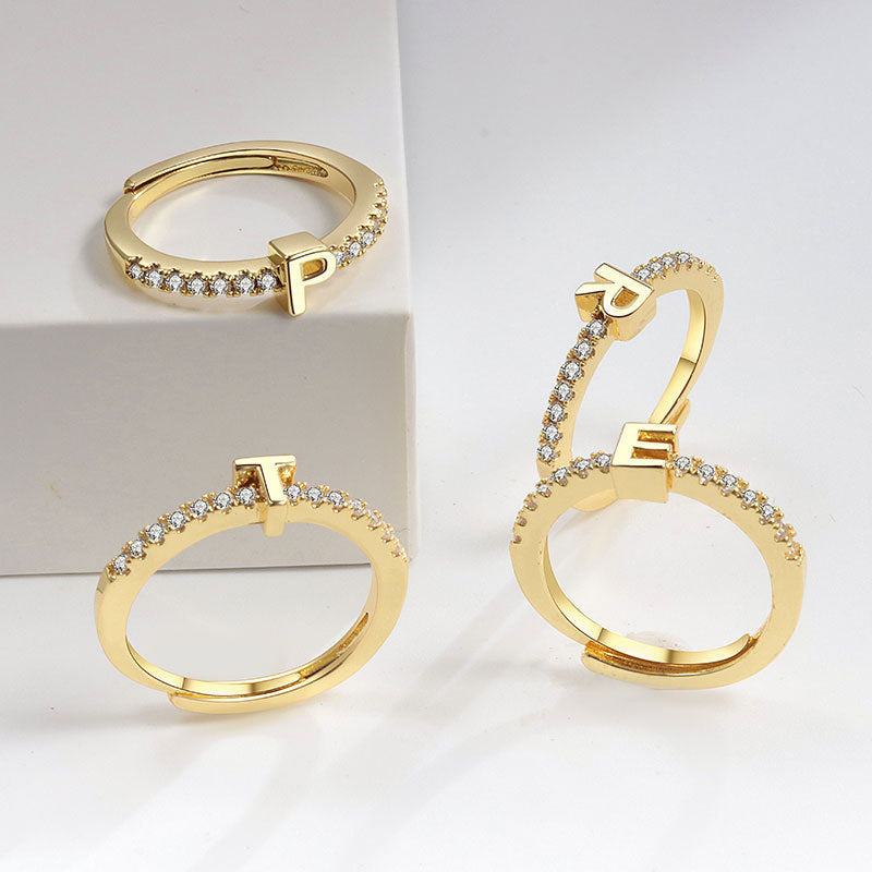 Adjustable Zircon Letter Ring Brass Gold Plated