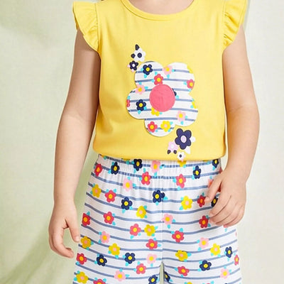 Children's Floral Ruffle Sleeve Top and Striped Shorts Set