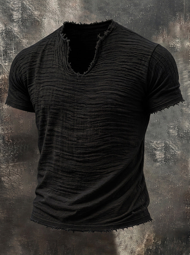 T-shirt rétro en coton et lin pour homme avec col en V