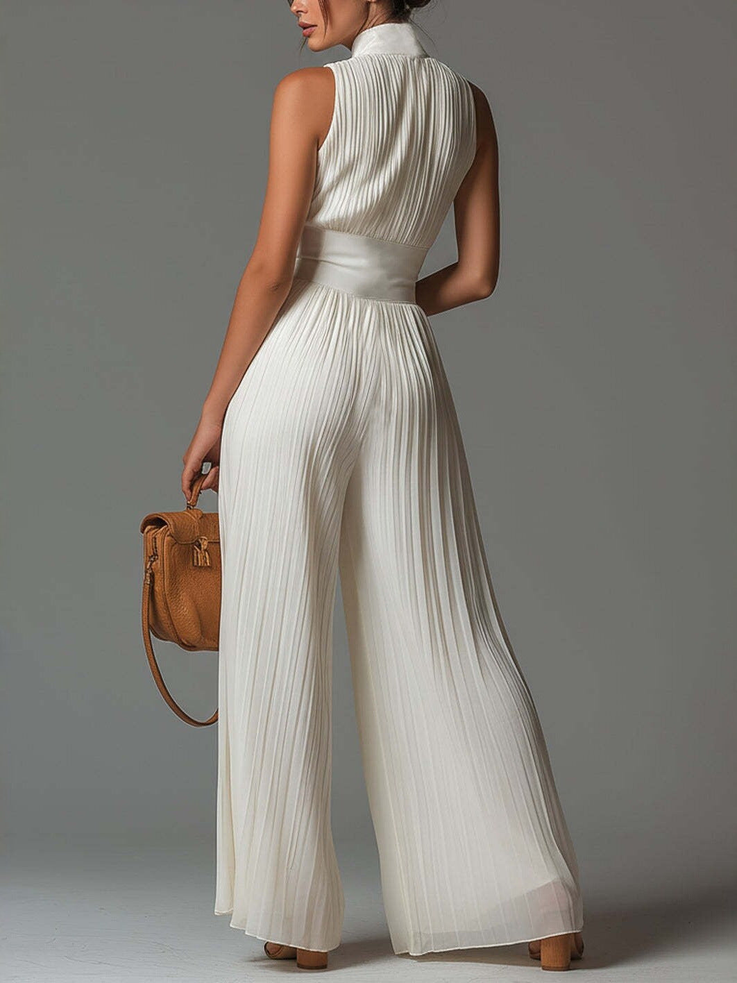 Women Sexy Pleated Halter Neck Wide Leg Jumpsuit