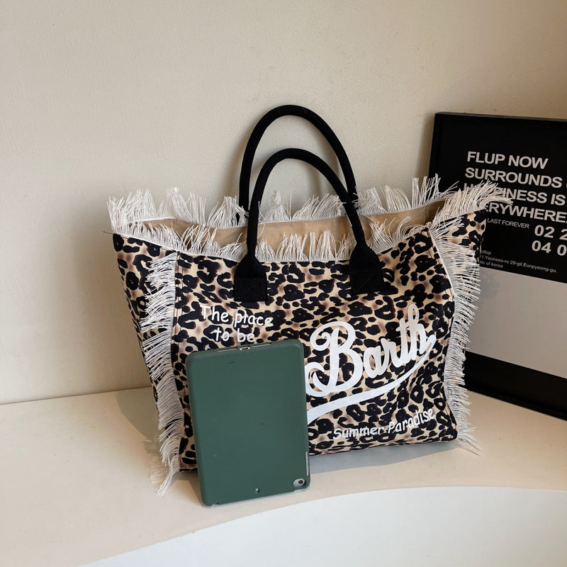 Women's Leopard Print Canvas Tote Bag with Tassel