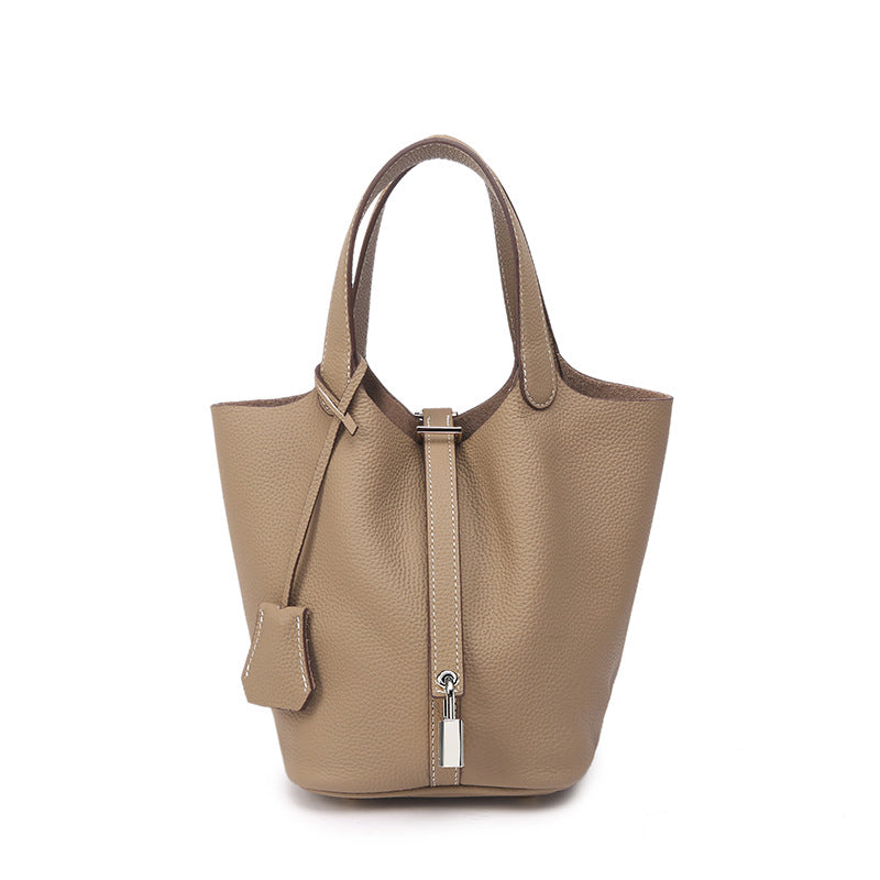Genuine Leather Bucket Bag with Gold Silver Buckles
