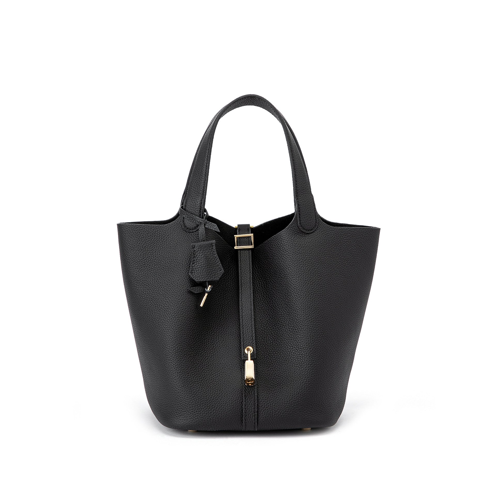 Genuine Leather Bucket Bag with Gold Silver Buckles
