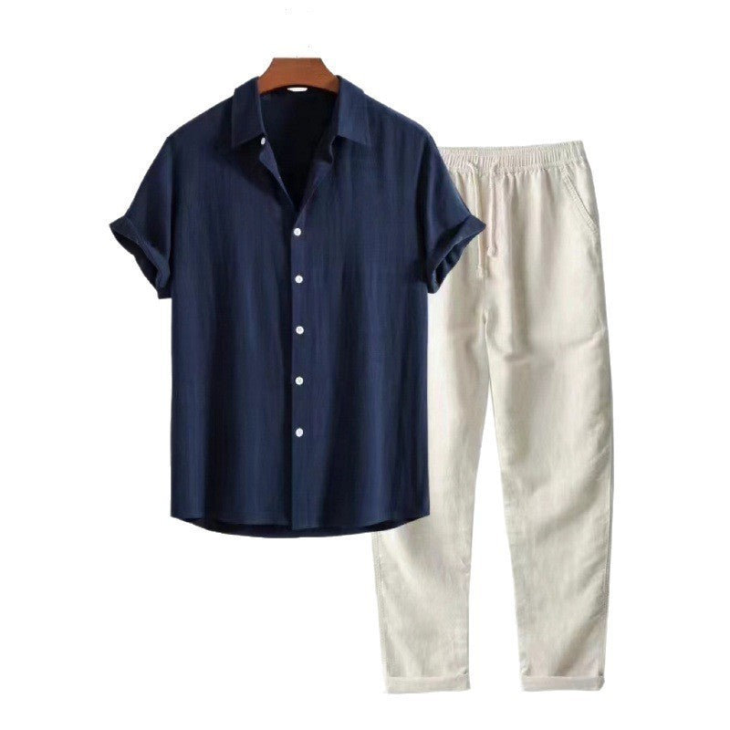 Ensemble chemise et pantalon à manches courtes de couleur unie pour homme