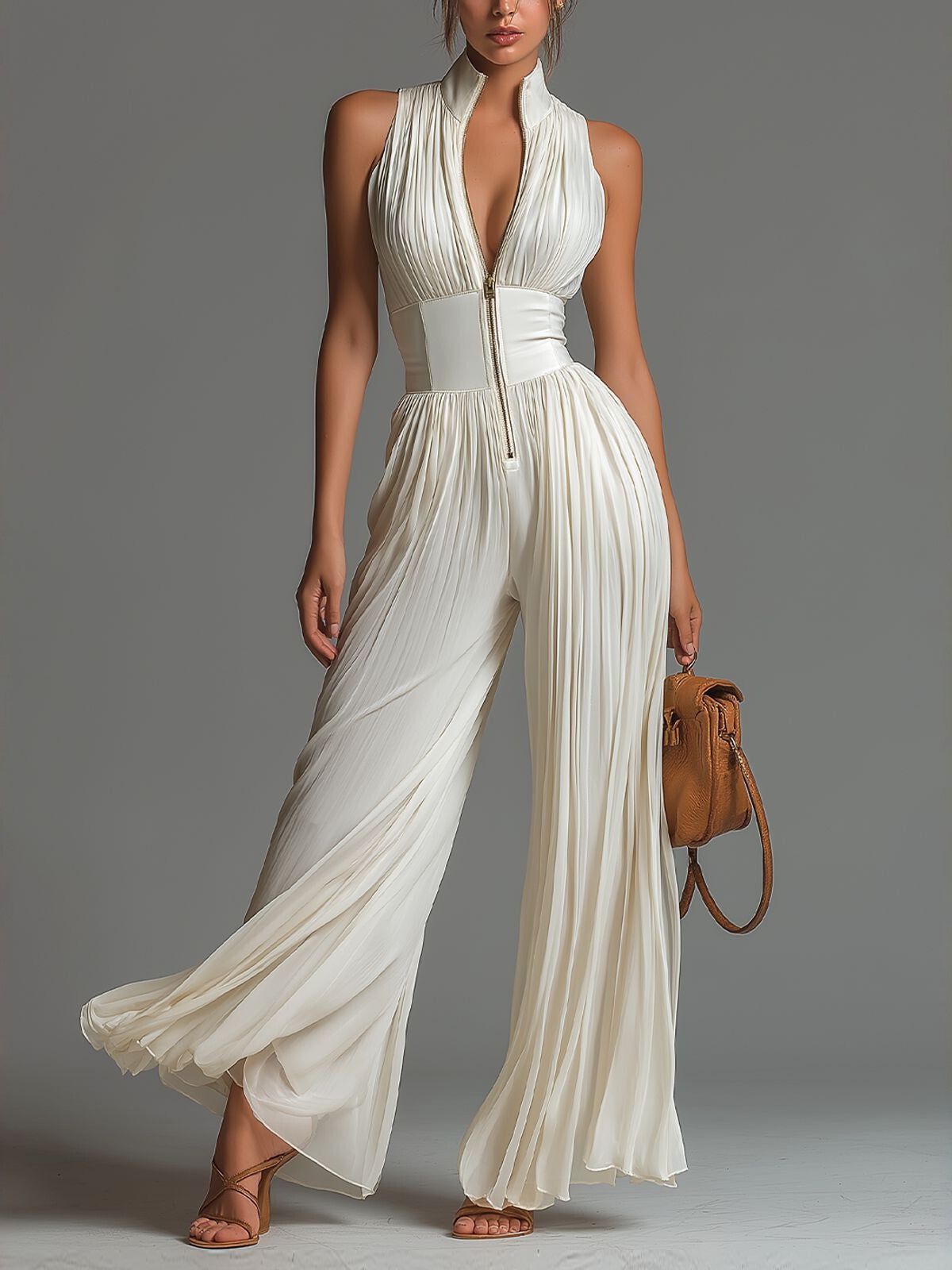 Women Sexy Pleated Halter Neck Wide Leg Jumpsuit