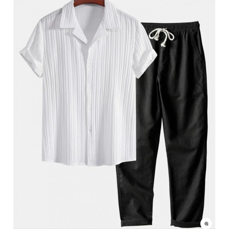 Mens Solid Color Short Sleeve Shirt and Pants Set