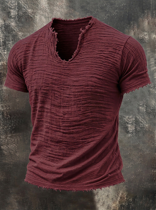 T-shirt rétro en coton et lin pour homme avec col en V