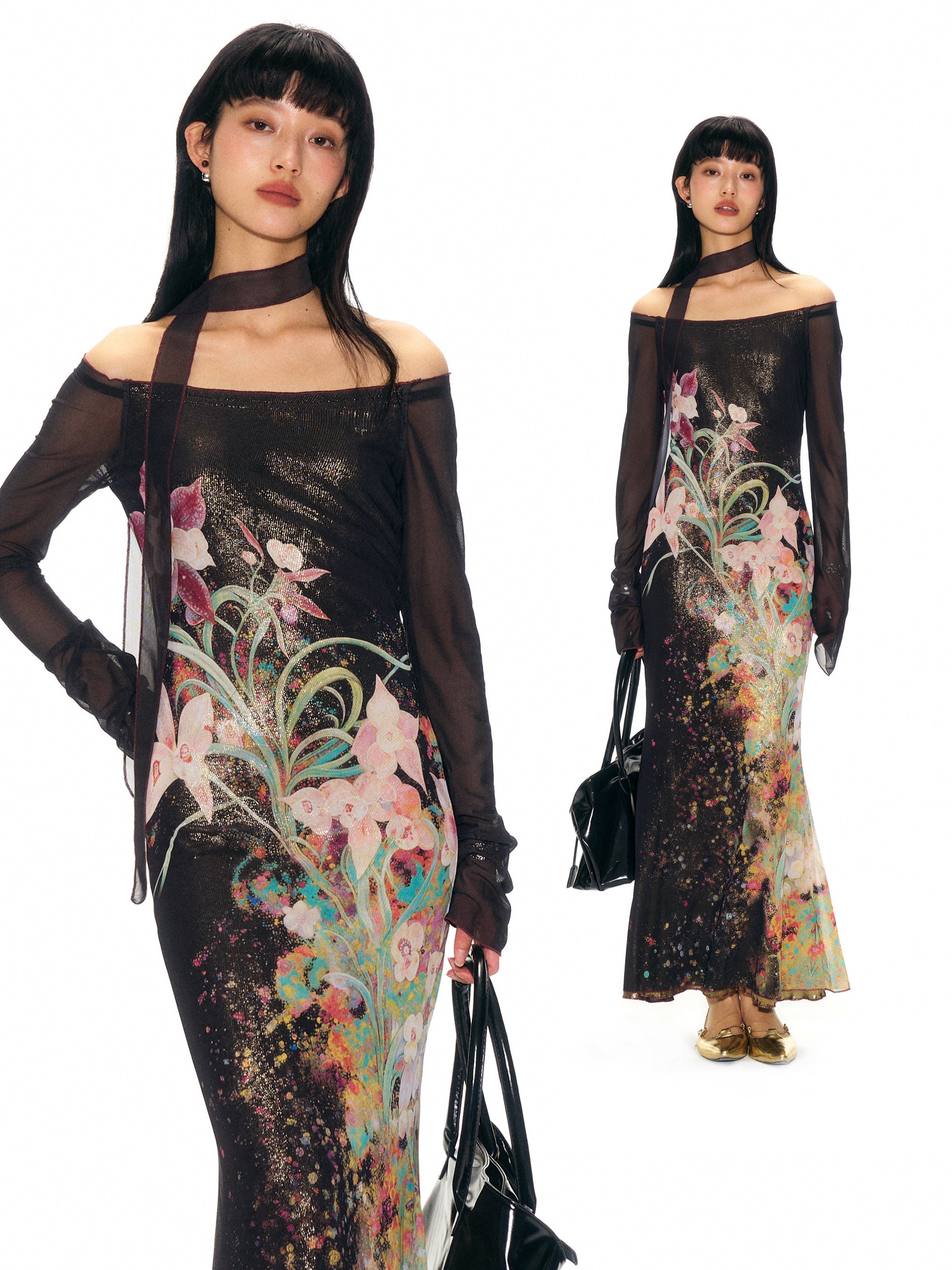 Gold Stamped Floral Mesh Mermaid Dress