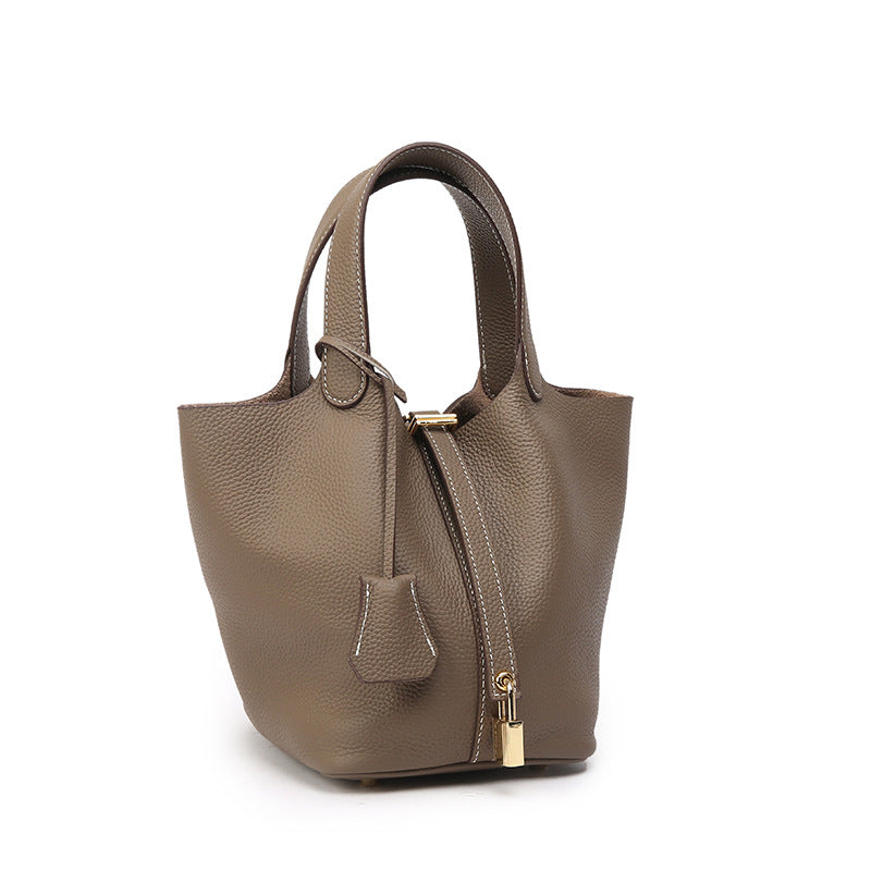 Genuine Leather Bucket Bag with Gold Silver Buckles