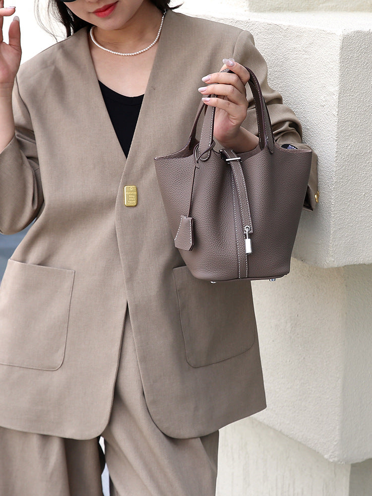 Genuine Leather Bucket Bag with Gold Silver Buckles