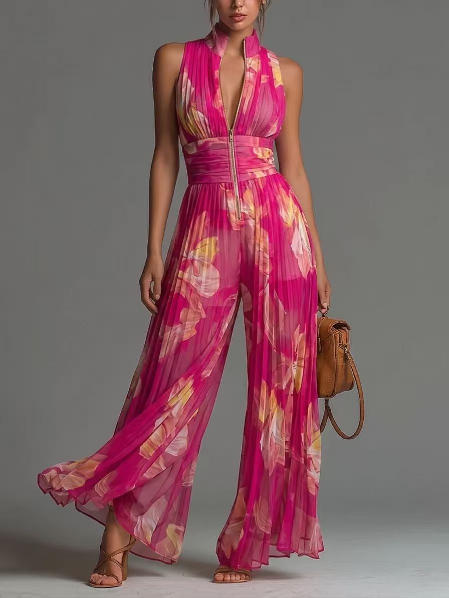 Women Sexy Pleated Halter Neck Wide Leg Jumpsuit